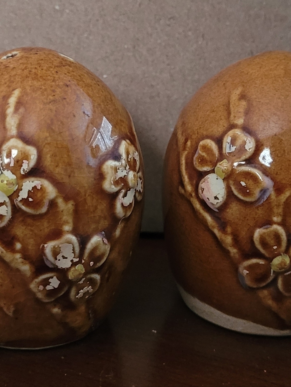 Vintage  Japaness Cherry BllossBrown Glazed Floral Ceramic Salt & Pepper Shakers